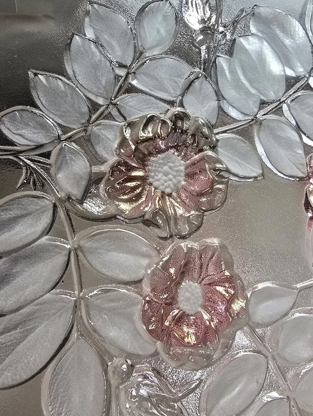 Vintage Frosted Pink Glass Floral Bowl 12